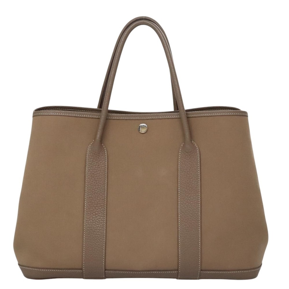 HERMES Garden Party PM Hand Bag Canvas Leather Beige Silver Auth kk429 - Picture 2 of 16